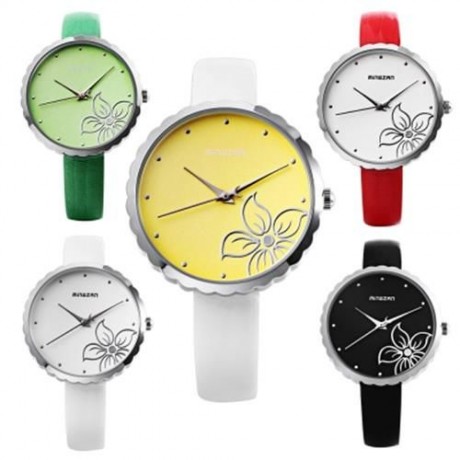 MINGZAN 6107 WOMEN QUARTZ WATCH FLOWER PATTERN DIAL LEATHER STRAP FEMALE WRISTWATCH (RED)