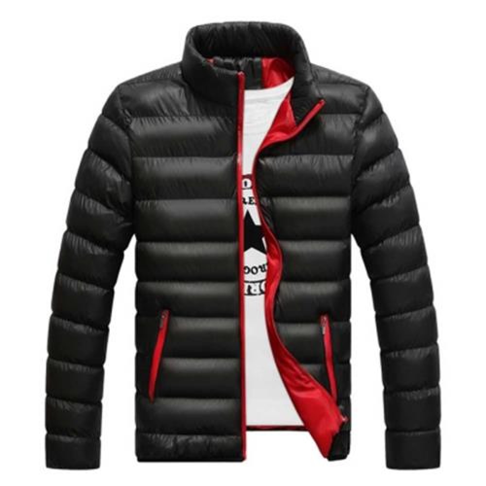 CASUAL SLIM FIT SOLID COLOR MALE STAND COLLAR WARM COAT (BLACK)
