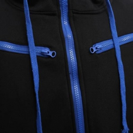 CASUAL FLEECE COLOR BLOCK ZIPPER DECORATION MALE HOODIES (BLACK)
