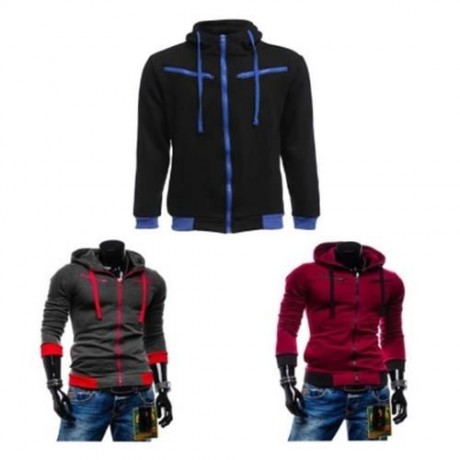 CASUAL FLEECE COLOR BLOCK ZIPPER DECORATION MALE HOODIES (BLACK)