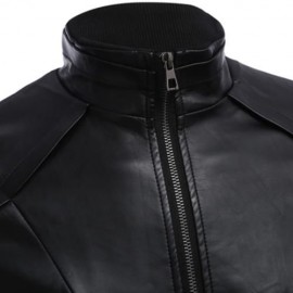 STYLISH STAND COLLAR ZIPPER DESIGN MALE WARM SLIM FIT LEATHER COAT (BLACK)