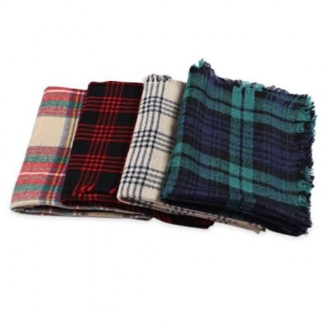 VINTAGE GRID DESIGN COLOR BLOCK UNISEX TASSEL SCARF (GREEN)