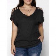 PLUS SIZE V NECK RIPPED SLEEVE TEE (BLACK)