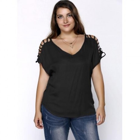 PLUS SIZE V NECK RIPPED SLEEVE TEE (BLACK)