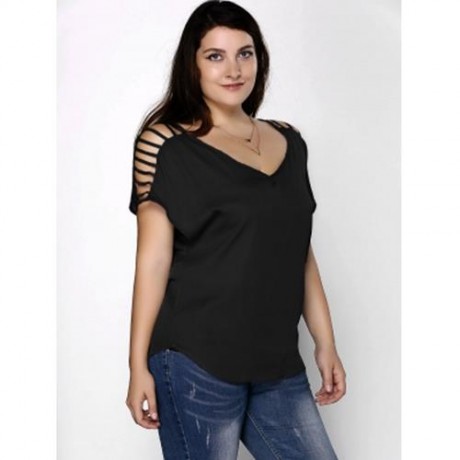 PLUS SIZE V NECK RIPPED SLEEVE TEE (BLACK)