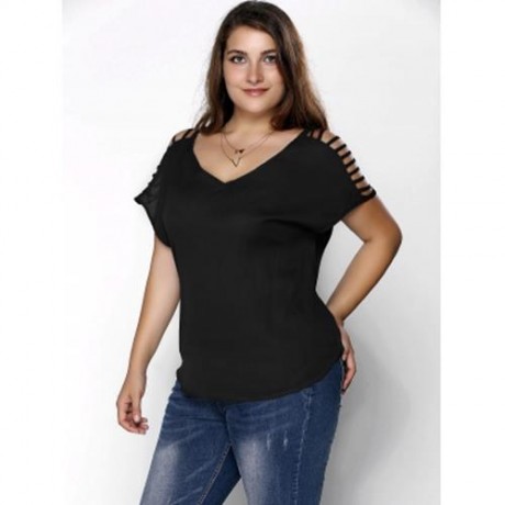 PLUS SIZE V NECK RIPPED SLEEVE TEE (BLACK)