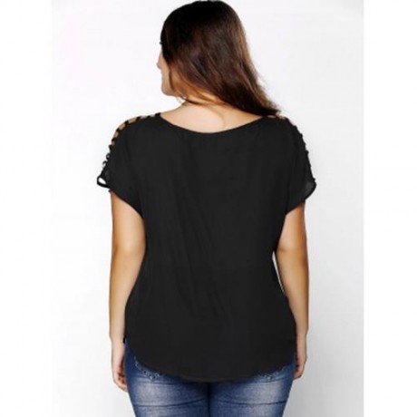 PLUS SIZE V NECK RIPPED SLEEVE TEE (BLACK)