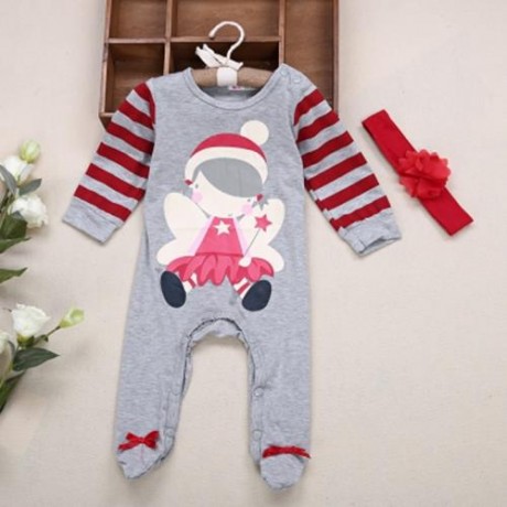 CUTE ROUND COLLAR CARTOON PRINT STRIPED UNISEX SLEEPER WITH HAIR BAND FOR BABIES (HAIR BAN