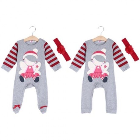 CUTE ROUND COLLAR CARTOON PRINT STRIPED UNISEX SLEEPER WITH HAIR BAND FOR BABIES (HAIR BAN