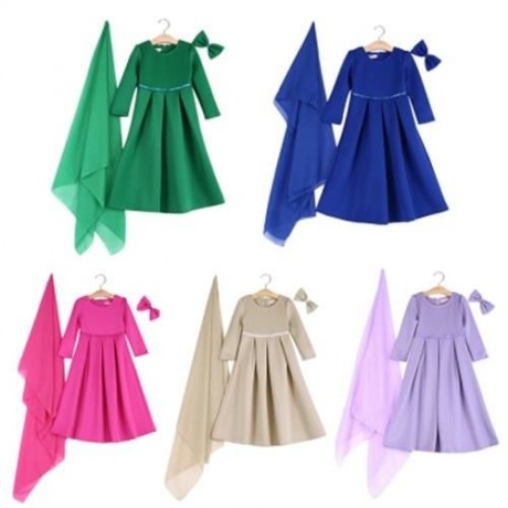 3PCS ROUND COLLAR LONG SLEEVE ZIPPER DRESS SOLID COLOR SCARF SEQUIN BOWKNOT HEADWEAR CLOTH