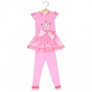 SWEET ORGANZA BOWKNOT RUFFLE TWO PIECE SET FOR GIRLS (PINK)
