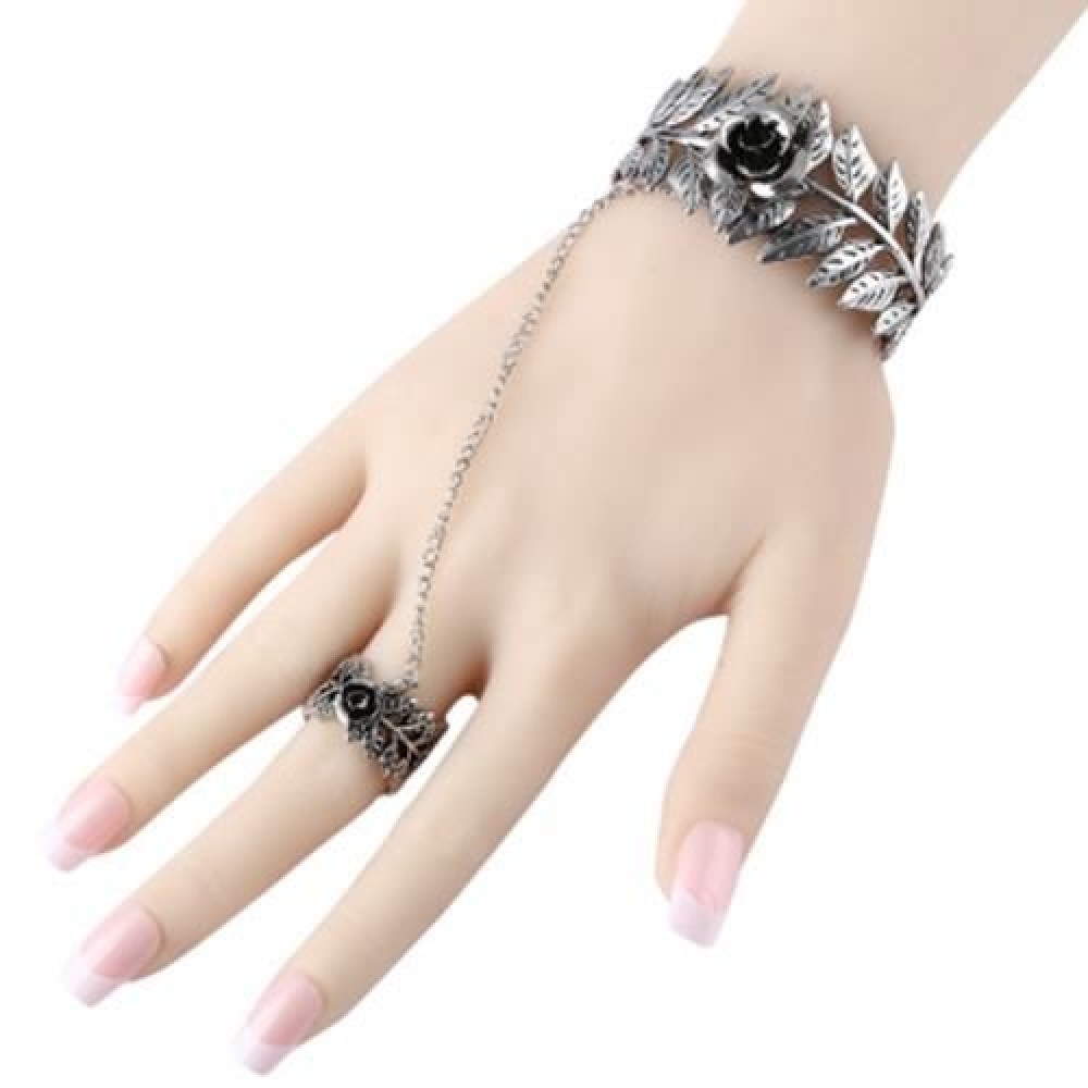 VINTAGE STYLE PLANT FLOWER FLORAL LEAF PATTERN WOMEN ALLOY OPEN CONJOINED RING BANGLE (SIL VINTAGE STYLE PLANT FLOWER FLORAL LEAF PATTERN WOMEN ALLOY OPEN CONJOINED RING BANGLE (SIL