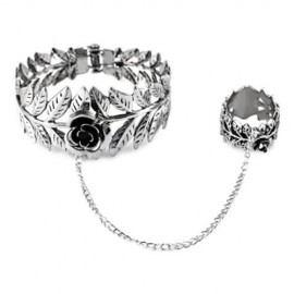 VINTAGE STYLE PLANT FLOWER FLORAL LEAF PATTERN WOMEN ALLOY OPEN CONJOINED RING BANGLE (SIL