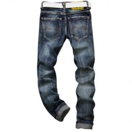 FRAYED ZIPPER FLY FIVE-POCKET STRAIGHT LEG RIPPED JEANS (DEEP BLUE)