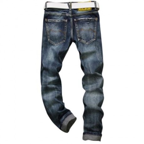FRAYED ZIPPER FLY FIVE-POCKET STRAIGHT LEG RIPPED JEANS (DEEP BLUE)