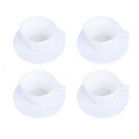 4PCS WHITE SILICONE CUPCAKE MUFFIN BAKING MOLD CUPS WITH TEA SAUCERS (WHITE)