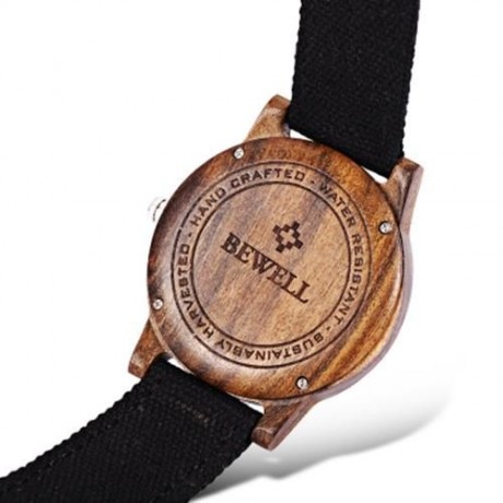 BEWELL ZS - W134A UNISEX WOODEN QUARTZ WATCH CANVAS BAND JAPAN MOVT WRISTWATCH (EBONY)