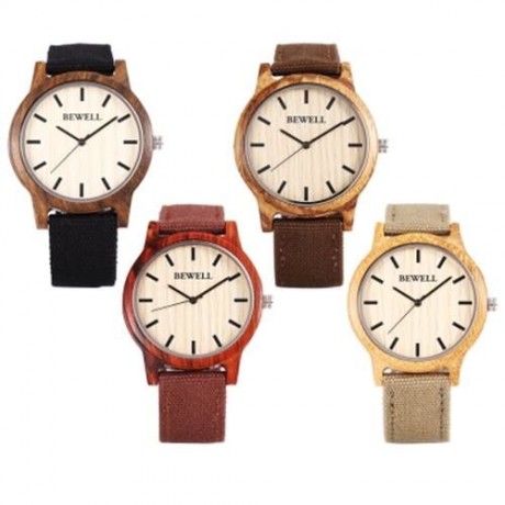 BEWELL ZS - W134A UNISEX WOODEN QUARTZ WATCH CANVAS BAND JAPAN MOVT WRISTWATCH (EBONY)