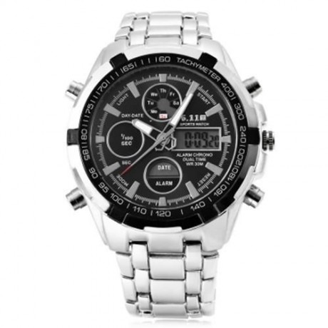 6.11 8128 LED MALE DUAL MOVT SPORT WATCH CHRONOGRAPH ALARM CALENDAR MEN WRISTWATCH (BLACK)