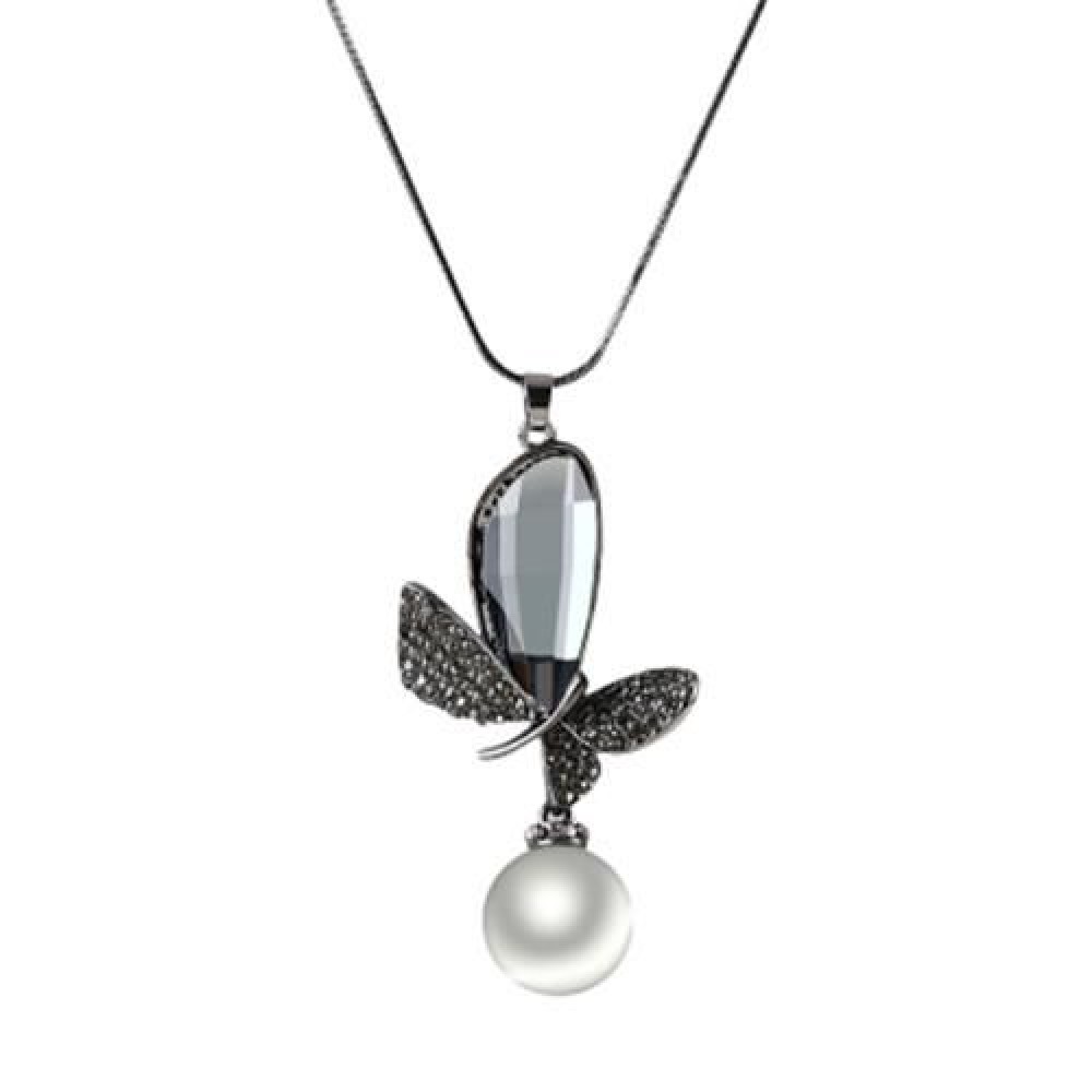 CHARMING BOWKNOT SIMULATION PEARL CRYSTAL EMBELLISHMENT PENDANT NECKLACE SWEATER CHAIN (GU