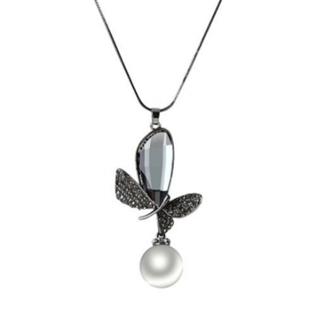 CHARMING BOWKNOT SIMULATION PEARL CRYSTAL EMBELLISHMENT PENDANT NECKLACE SWEATER CHAIN (GU