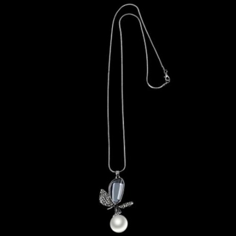 CHARMING BOWKNOT SIMULATION PEARL CRYSTAL EMBELLISHMENT PENDANT NECKLACE SWEATER CHAIN (GU