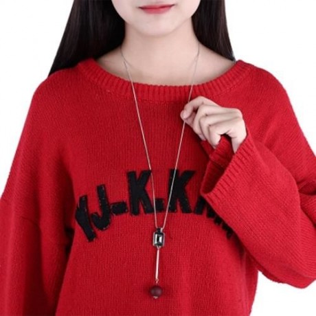 GEOMETRIC FLOWER FLORAL HOLLOW CRYSTAL EMBELLISHMENT PENDANT NECKLACE SWEATER CHAIN (RED)