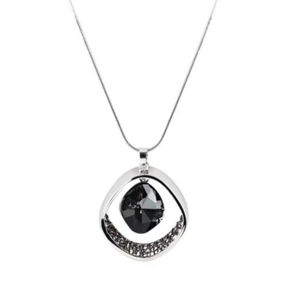 GEOMETRIC PATTERN CRYSTAL EMBELLISHMENT PENDANT NECKLACE SWEATER CHAIN (SILVER)