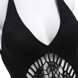 WOMEN SEXY BACKLESS CROCHET SIAMESED SWIMWEAR SWIMSUIT BATHING BIKINI (BLACK)