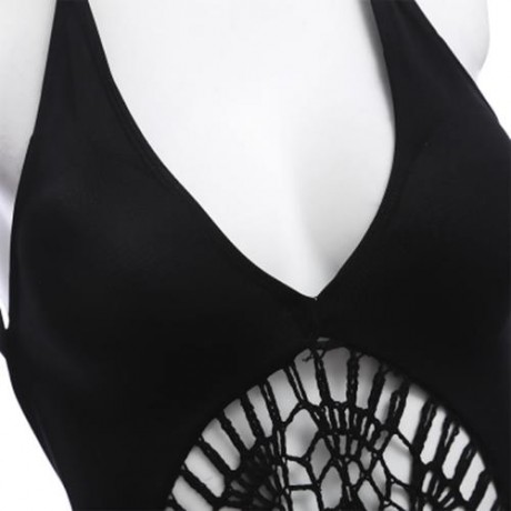 WOMEN SEXY BACKLESS CROCHET SIAMESED SWIMWEAR SWIMSUIT BATHING BIKINI (BLACK)