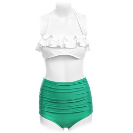 CUTE WOMEN SEPARATED HIGH WAIST BIKINI SET BATHING SUIT SWIMWEAR (WHITE AND GREEN)