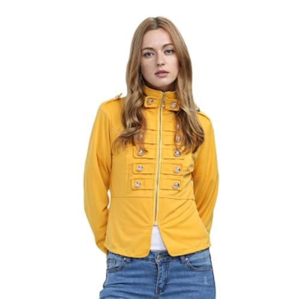 STYLISH STAND COLLAR LONG SLEEVE DOUBLE BREAST BUTTON DECORATION COAT FOR LADIES (YELLOW) STYLISH STAND COLLAR LONG SLEEVE DOUBLE BREAST BUTTON DECORATION COAT FOR LADIES (YELLOW)