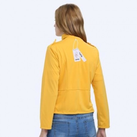 STYLISH STAND COLLAR LONG SLEEVE DOUBLE BREAST BUTTON DECORATION COAT FOR LADIES (YELLOW)