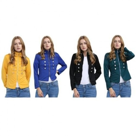 STYLISH STAND COLLAR LONG SLEEVE DOUBLE BREAST BUTTON DECORATION COAT FOR LADIES (YELLOW)