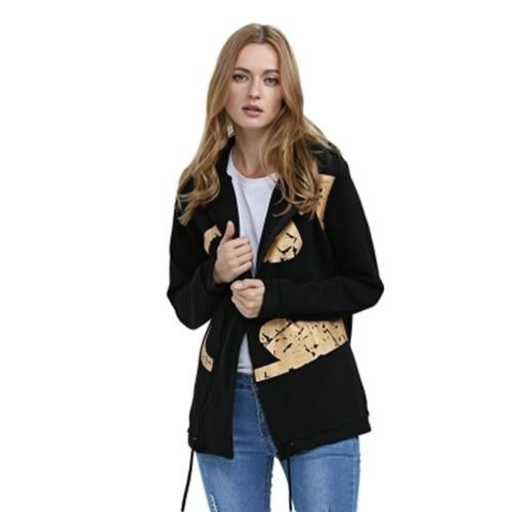 TRENDY HOODED LONG SLEEVE PRINT DRAWSTRING ZIPPER TYPE WOMEN COAT (BLACK)