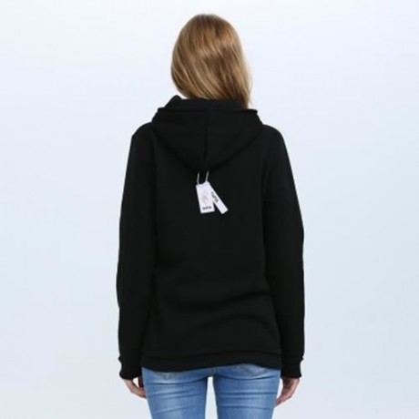 TRENDY HOODED LONG SLEEVE PRINT DRAWSTRING ZIPPER TYPE WOMEN COAT (BLACK)