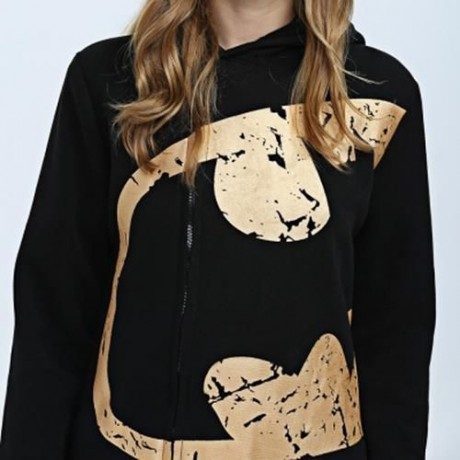 TRENDY HOODED LONG SLEEVE PRINT DRAWSTRING ZIPPER TYPE WOMEN COAT (BLACK)