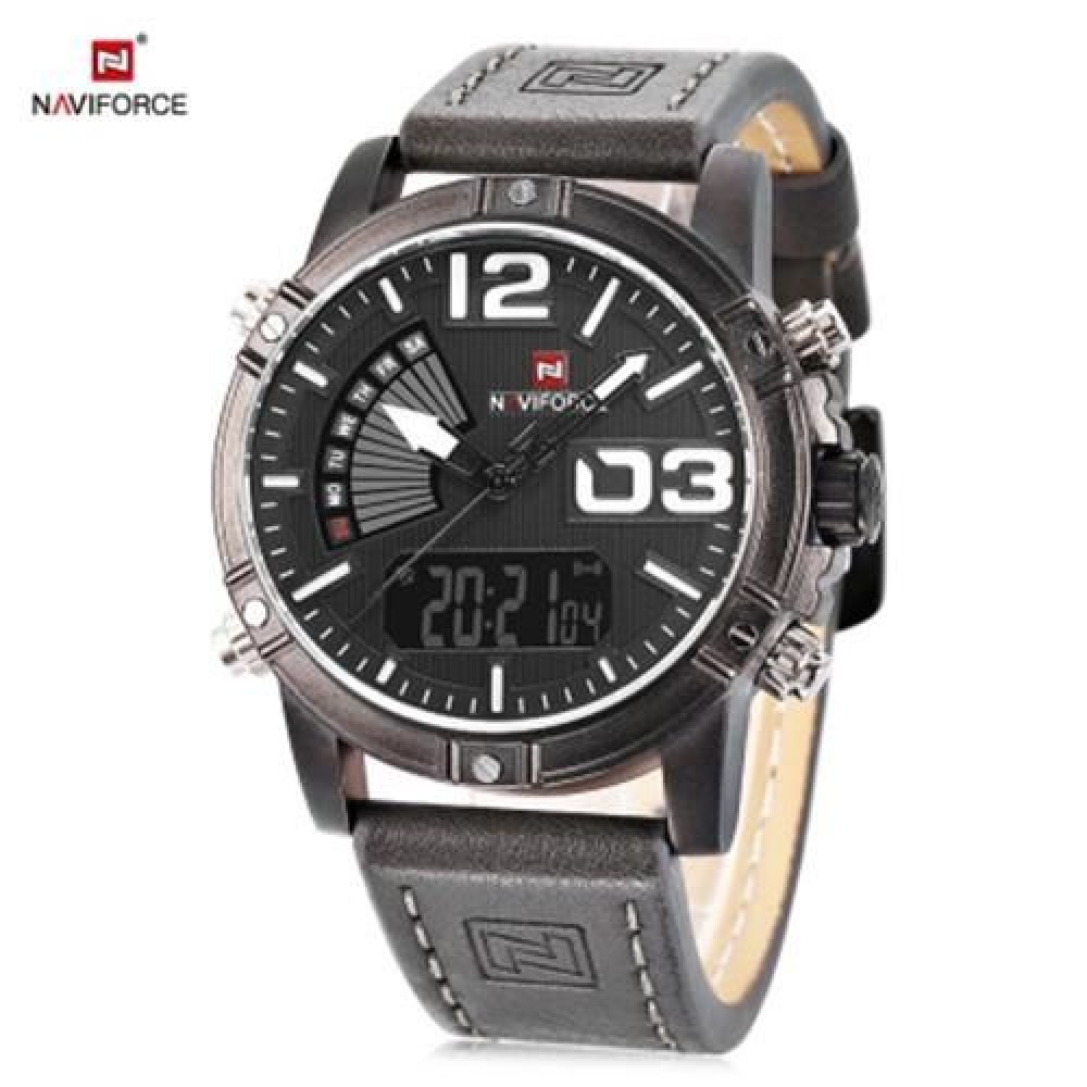 NAVIFORCE NF9095M MALE DUAL MOVT WATCH CALENDAR LUMINOUS 3ATM GENUINE LEATHER BAND WRISTWA