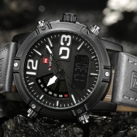 NAVIFORCE NF9095M MALE DUAL MOVT WATCH CALENDAR LUMINOUS 3ATM GENUINE LEATHER BAND WRISTWA
