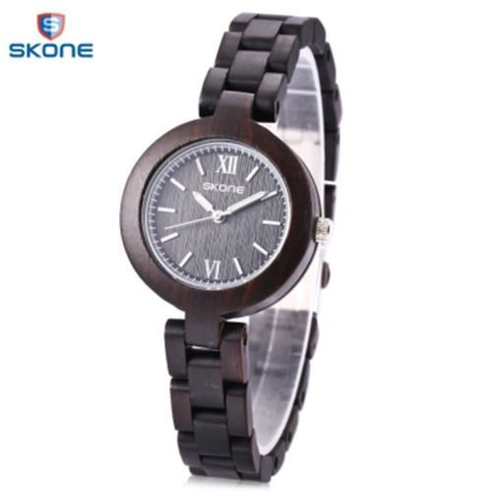 SKONE 7400 FEMALE WOODEN QUARTZ WATCH LUMINOUS POINTER SLENDER BAND 3ATM WRISTWATCH (EBONY