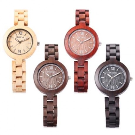 SKONE 7400 FEMALE WOODEN QUARTZ WATCH LUMINOUS POINTER SLENDER BAND 3ATM WRISTWATCH (EBONY