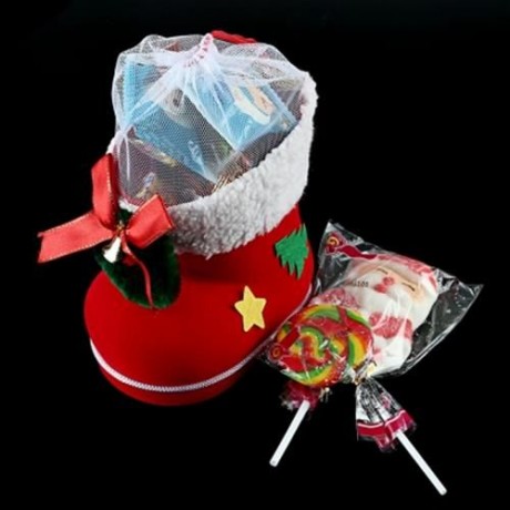 1PC CUTE POM POM EMBELLISHED CANDY STORAGE BOOT FOR CHRISTMAS (RED)