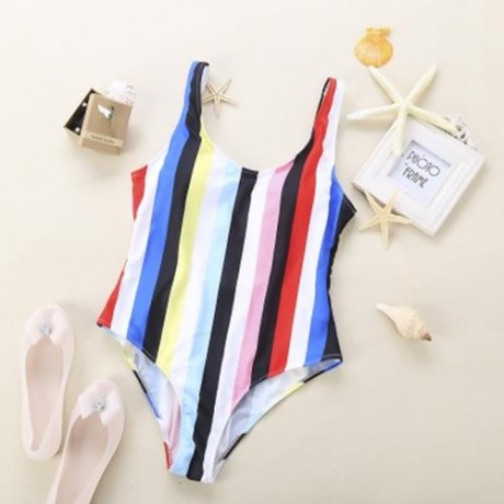 WOMEN COLORFUL SIAMESED BIKINI BEACH SWIMMING SUIT SWIMWEAR (STRIPE)