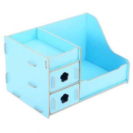 MULTIFUNCTIONAL WOODEN COSMETIC DESKTOP STORAGE BOX MAKE-UP ORGANIZER (BLUE)