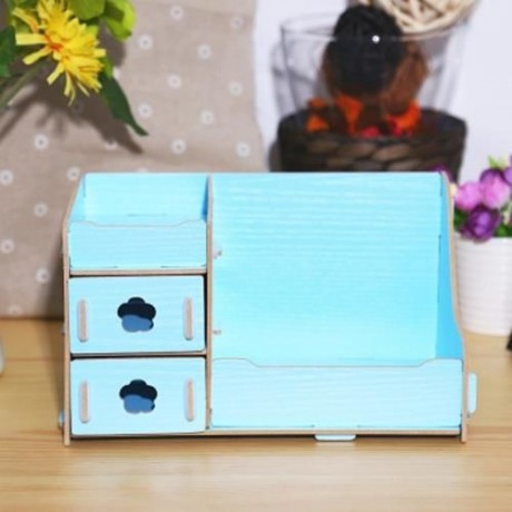 MULTIFUNCTIONAL WOODEN COSMETIC DESKTOP STORAGE BOX MAKE-UP ORGANIZER (BLUE)