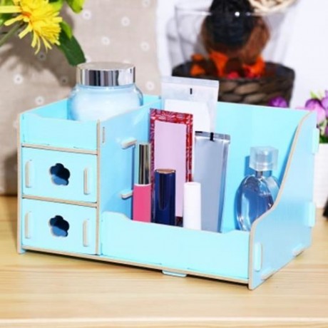 MULTIFUNCTIONAL WOODEN COSMETIC DESKTOP STORAGE BOX MAKE-UP ORGANIZER (BLUE)