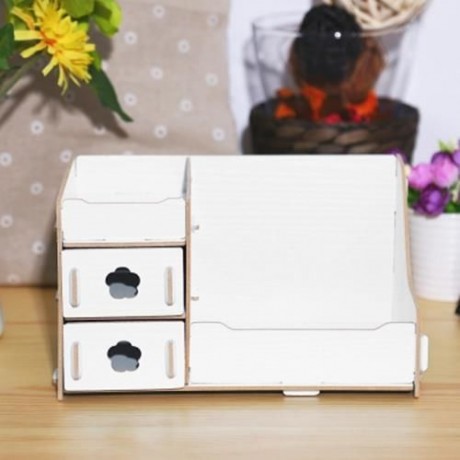 MULTIFUNCTIONAL WOODEN COSMETIC DESKTOP STORAGE BOX MAKE-UP ORGANIZER (WHITE)