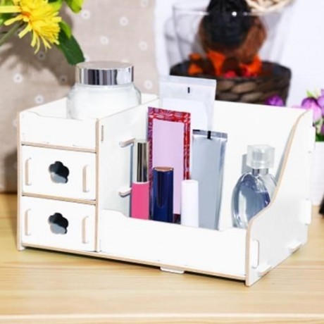 MULTIFUNCTIONAL WOODEN COSMETIC DESKTOP STORAGE BOX MAKE-UP ORGANIZER (WHITE)
