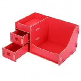 MULTIFUNCTIONAL WOODEN COSMETIC DESKTOP STORAGE BOX MAKE-UP ORGANIZER (RED)