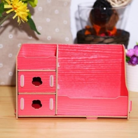 MULTIFUNCTIONAL WOODEN COSMETIC DESKTOP STORAGE BOX MAKE-UP ORGANIZER (RED)